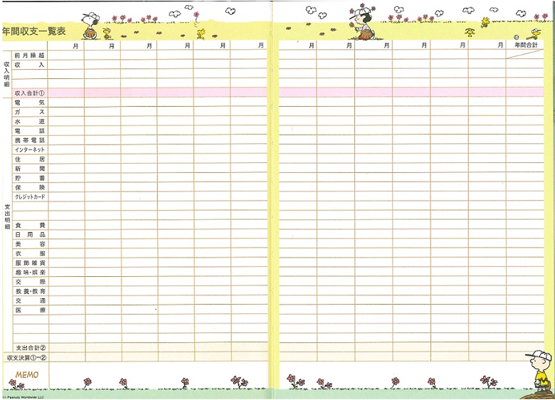 送料無料 直営店に限定 スヌーピー フルカラー家計簿 フリータイプ12か月分 日本ホールマーク かわいい インデックスシール付き