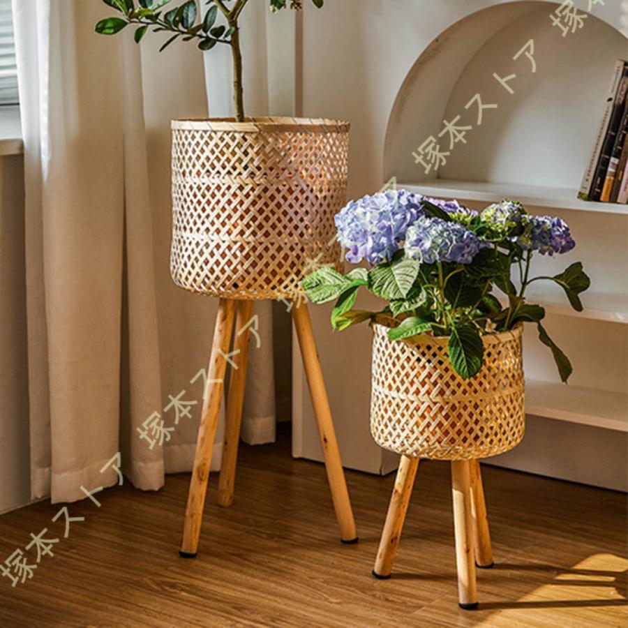 プランタースタンド フラワースタンド 天然木 藤編 観葉植物 室内 鉢台 鉢置き台 フラワーポット 植木鉢台 インテリア 形 丸型 木脚 脚付き 北欧 ナチュラル
