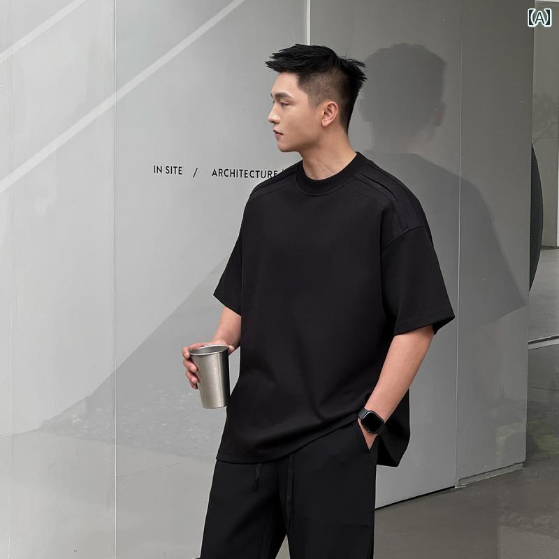 メンズ ファッション 春夏 秋冬 かっこいい オシャレ モテ 男性用 紳士服 服 韓国 シンプル 大人 立体的 肩 作る ハイエンドストレート ショルダー 強め 半袖 シルエット 無地 ヘビー T シャツ