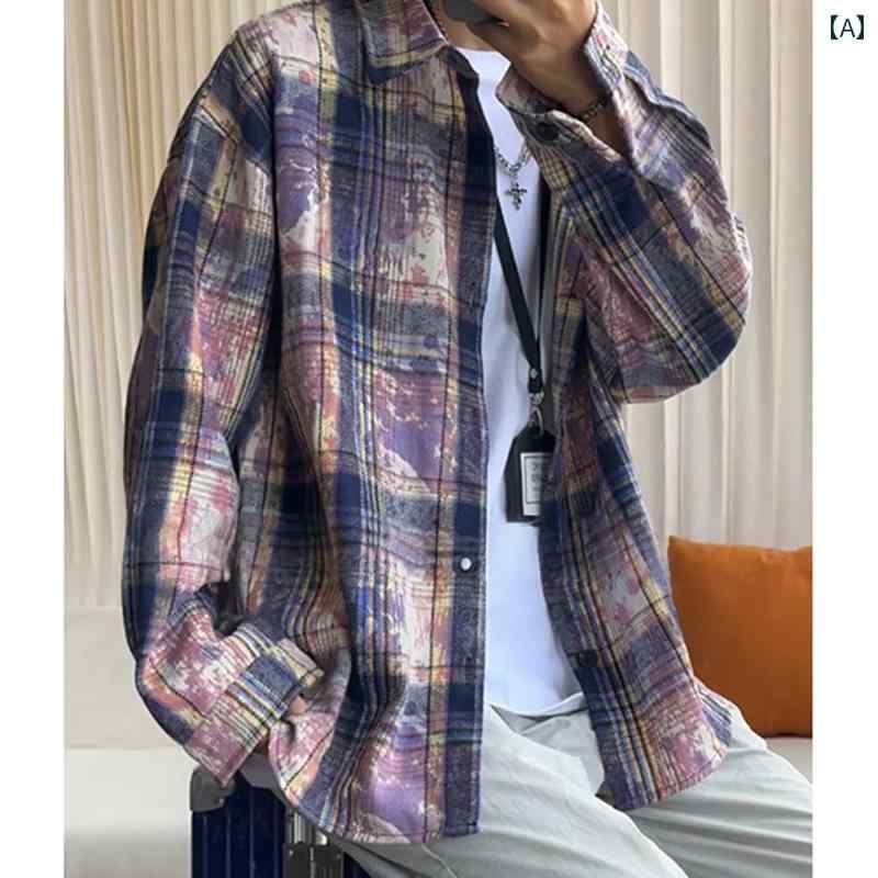 メンズ ファッション 春夏 秋冬 かっこいい オシャレ モテ 男性用 紳士服 服 韓国 シンプル 大人 男性紫色 絞り染め チェック柄 長袖 シャツ チェック柄 シャツ オーバー サイズ アメリカン ジャケット