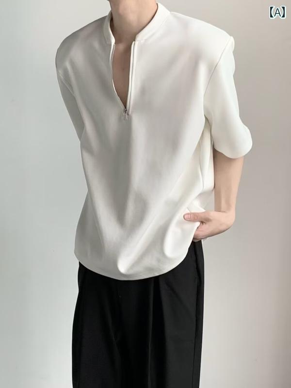 メンズ ファッション 春夏 秋冬 かっこいい オシャレ モテ 男性用 紳士服 服 韓国 シンプル 大人 アメリカ ヘビーウェイト ショルダーパッド 半袖 T シャツ メンズ ジッパー ハイエンド ハーフスリーブ ヘンリー カラー イン サマー