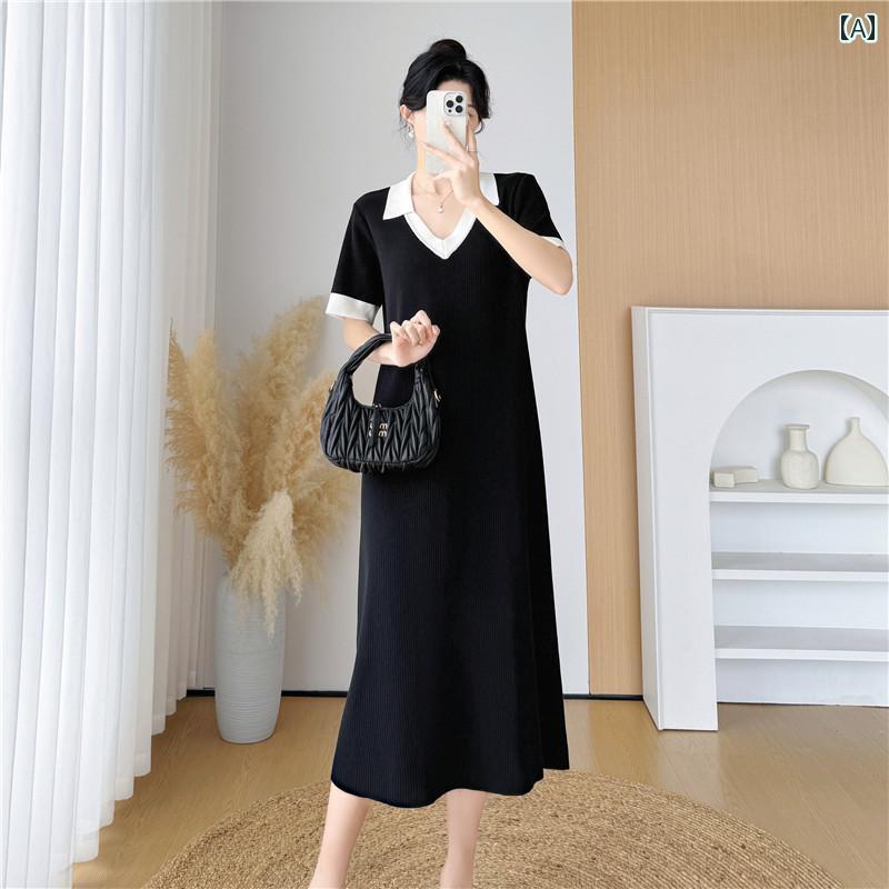 レディース 流行り物 春夏 秋冬 オシャレ 可愛らしい 韓国 フレンチポロネックスリミングニットドレスロングスカート 夏 半袖 ロングスコート