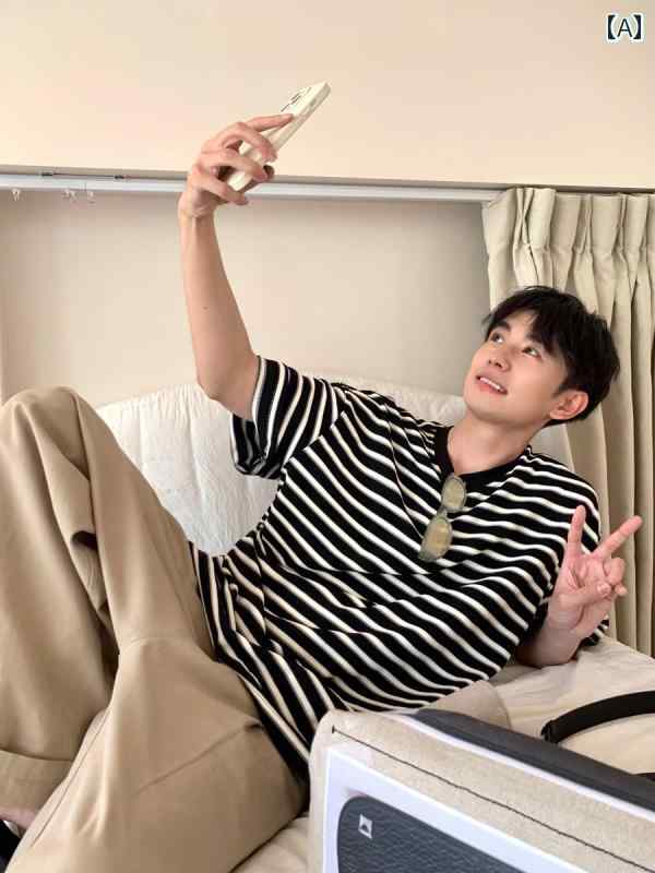 メンズ ファッション 春夏 秋冬 かっこいい オシャレ モテ 男性用 紳士服 服 韓国 シンプル 大人 黒 白の 立体 ストライプ 半袖 メンズ 夏 レジャー T シャツ ラウンドネック ゆったり 半袖 T シャツ