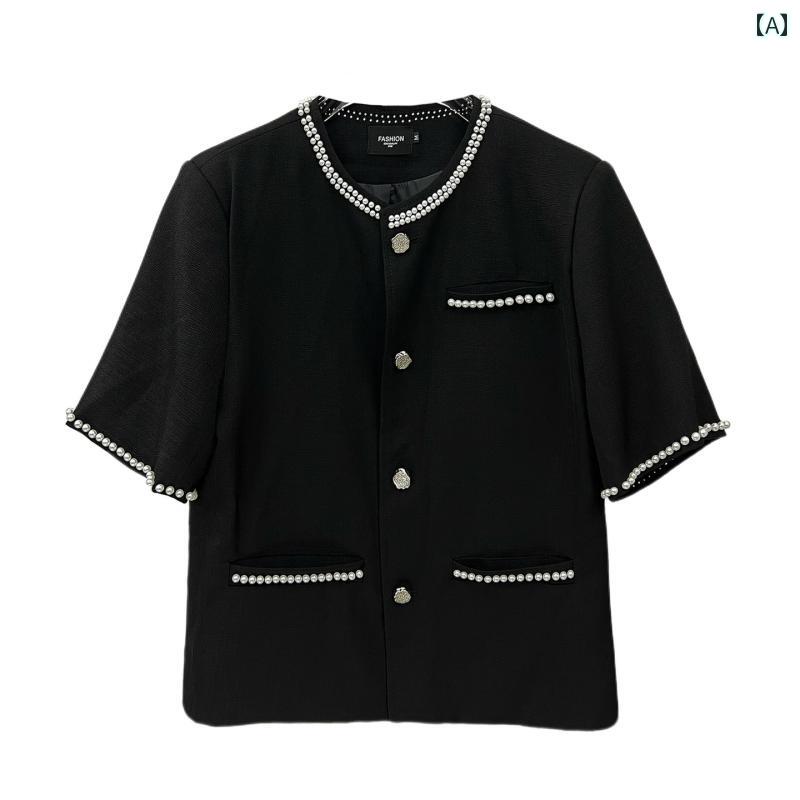 メンズ ファッション 春夏 秋冬 かっこいい オシャレ モテ 男性用 紳士服 服 韓国 シンプル 大人 高級 ブラック ビーズ シングルブレスト 半袖 ジャケット メンズ カジュアル 肩 パッド コート|イトウショップ20