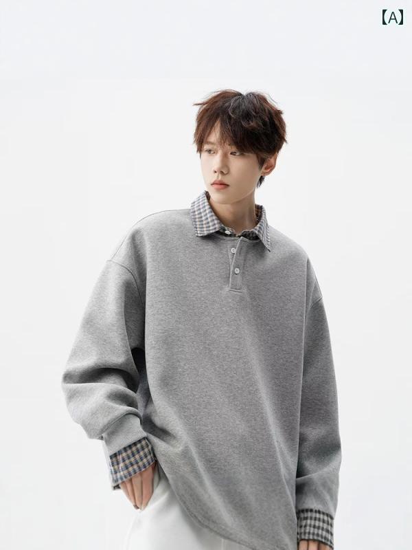 メンズ ファッション 春夏 秋冬 かっこいい オシャレ モテ 男性用 紳士服 服 韓国 シンプル 大人 アメリカ　レトロ　白　グレー　ポロシャツ　スタイル　襟　　フェイク　ツーピース　パッチワーク　スウェットシャツ