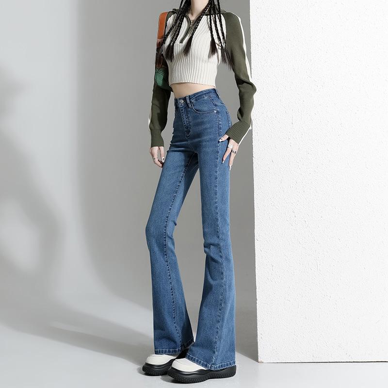 レディース ハイウエスト フレアデニムパンツ 秋冬 加厚 暖か 裏地付き 小柄対応 ペティート ストレッチ コットン混 デニム ボトムス 普段使い