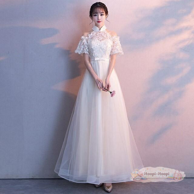 寄りあいお召しもの 立ち襟 オフショルダー 半袖 ロングお召しもの 御芽出度 二次会 お呼ばれ ご造作 夕まぐれお召しもの キレイめ 20代 30代
