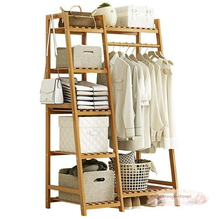 ハンガーラック 天然竹製 5段棚 洋服掛け ラック ワードローブ クローゼット 洋服ラック コートハンガー 洋服掛け スタンド 衣類収納 頑丈 大容量