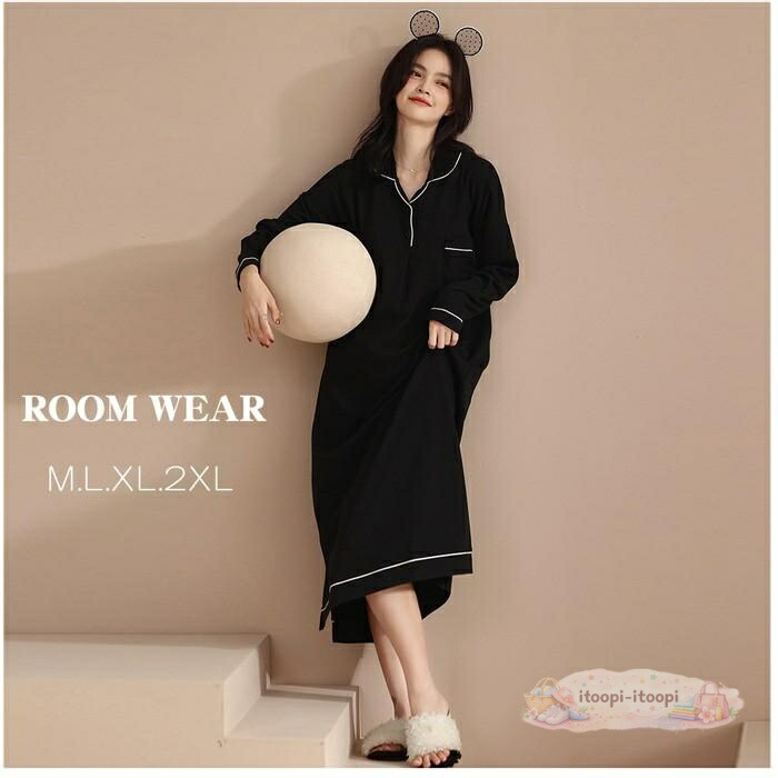 ルームウェア レディースパジャマ かわいい ワンピース パット付き コットン 長袖 黒 大きいサイズM L XL 2XL部屋着 寝間着 春 夏 秋 冬