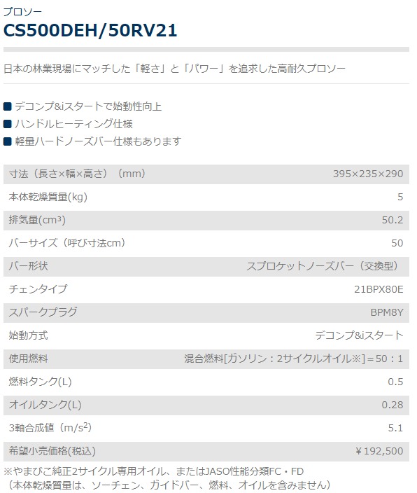 数量限定 やまびこ 共立 チェンソー Cs500deh 50rv21 50cmスプロケットノーズバー 排気量50 2cc Yamabiko Kioritz 大人気