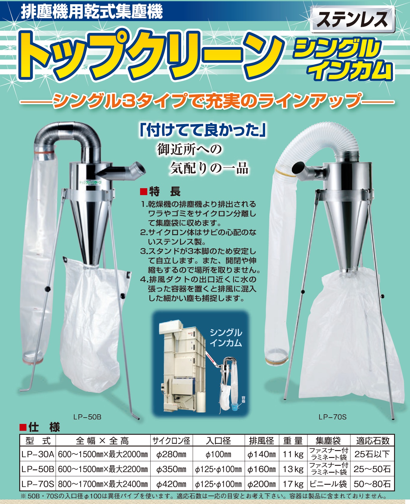 乾燥機用集塵機 トップクリーン シングルインカム LP-30A 【代引不可/笹川農機/SASAGAWA】