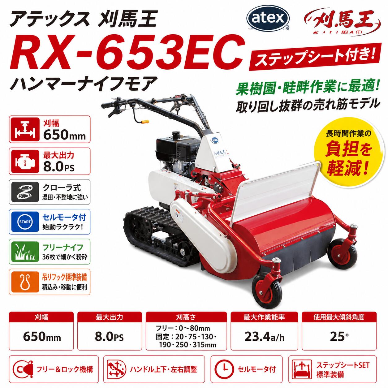 【台数押さえる特価】アテックス RX-653EC 踏み段腰掛け付 ハンマーナイフモア 刈馬王 スパイダー式 独居室付 8意気込み 刈幅650粍【ATEX/人間宅不可/代引不可/草刈機】