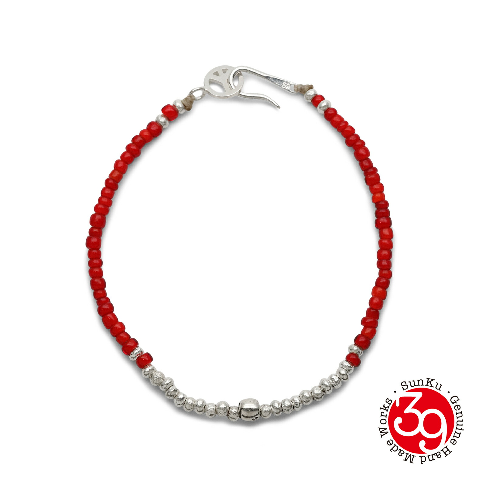 SunKu サンク 39 【 Red Vintage Beads & Silver Peace Hook Bracelet [ SK-340-RED ] レッド ヴィンテージ ビーズ シルバー ピース フック ブレスレット 】[ 正規品 ] 赤 プレゼント ユニセックス ギフト ペア メンズ レディース 人気 ブランド おしゃれ 【 送料無料 】｜アクセサリー its 12 midnight