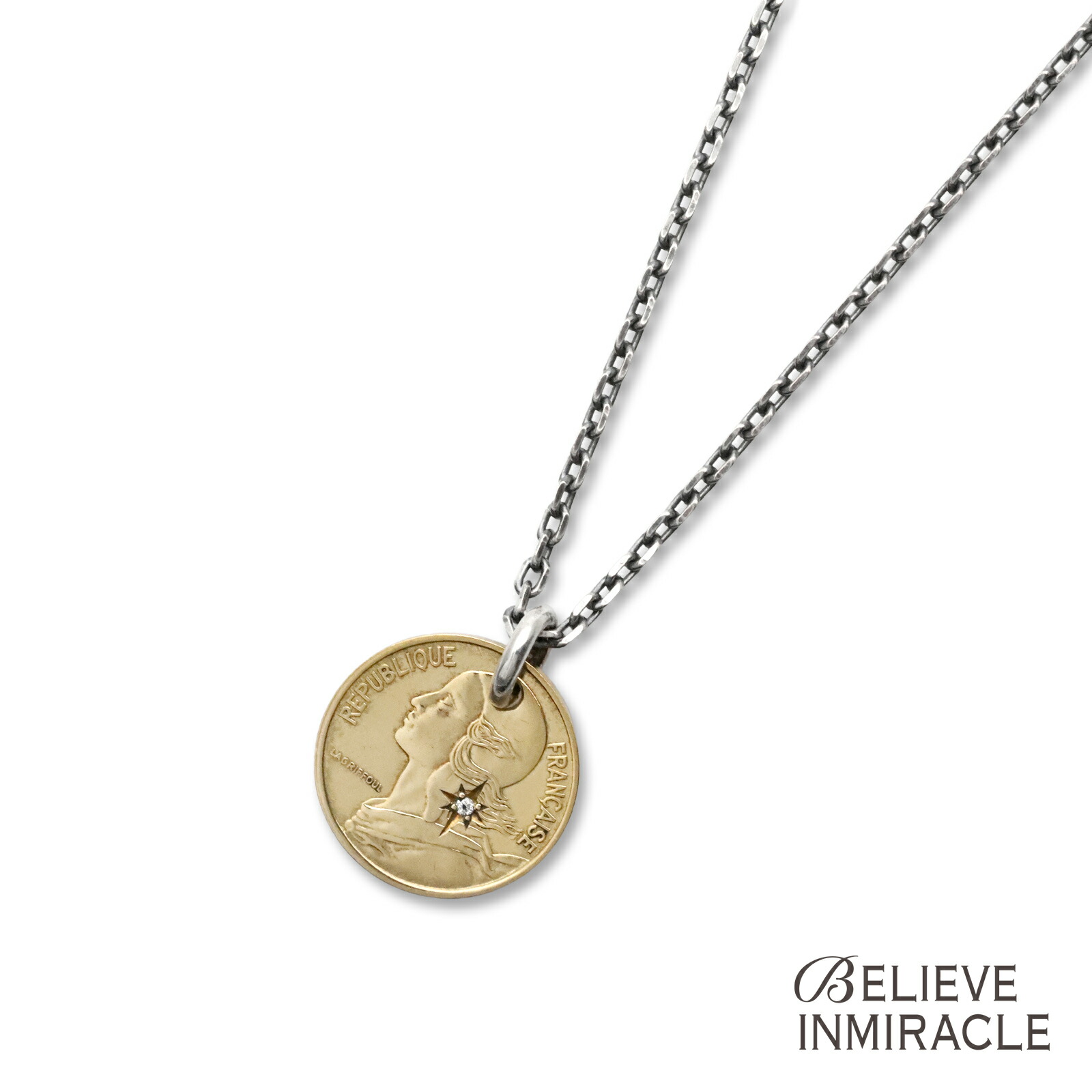 BELIEVEINMIRACLE ビリーブインミラクル 【 OLD COIN DIAMOND ( LADY ) 年寄りの 鋳貨 頸飾り 成人女性 】[ 定まり品 ] シャンデリヤ しろがね色 銀 925 金剛石 フランス共和国 ありの実 差し上げ物 ユニ一発やる メンズ レディース 一般受け ブランド名 今めかしい 【 貨物輸送無料 】
