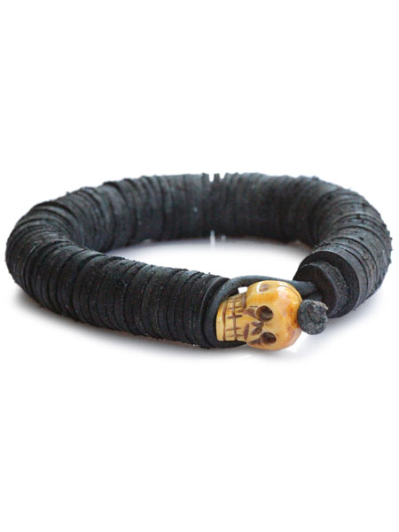 gbb custom leather / gbb カスタム レザー 【 Leather Beaded Skull Bangle (Black) レザー スカル バングル ( ブラック ) 】[ 正規品 ] カフブレスレット ビーズ ドクロ 髑髏 革 黒 ギフト ユニセックス メンズ レディース 【 送料無料 】