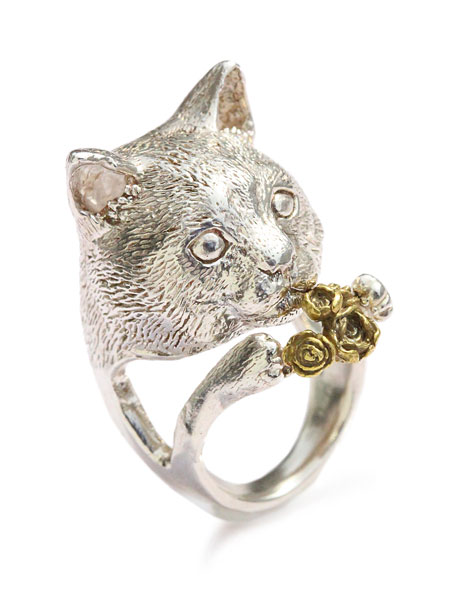 HOASHI YUSUKE ホアシユウスケ 【 花束をくれるネコ リング 】[ 正規品 ] 指輪 猫 キャット 動物 アニマル フラワー 薔薇 バラ ローズ スターリングシルバー アンティークゴールド 真鍮 銀 金 925 ペア ギフト プレゼント レディース 【 送料無料 】