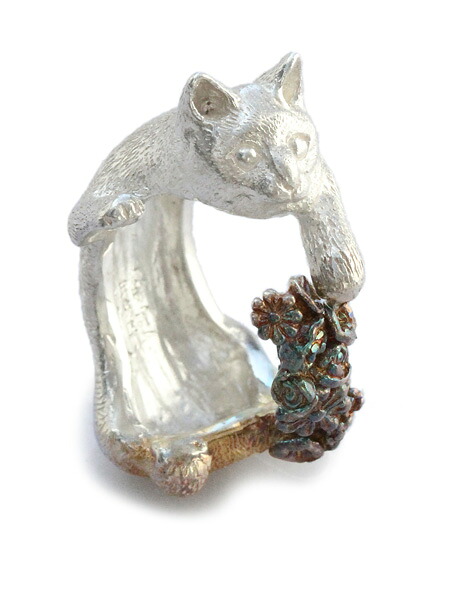 HOASHI YUSUKE ホアシユウスケ 【 好いたらしいなしっぽ猫 輪っか ( silver しろがね色いぶし ) 】[ 置き目品 ] 指環 猫 猫 花 御花 スターリング アンティーク色つや 銀 毛の荒物 925 有りの実 差し上げ物 差し上げ物 ユニ一発やる メンズ レディース 【 貨物輸送無料 】