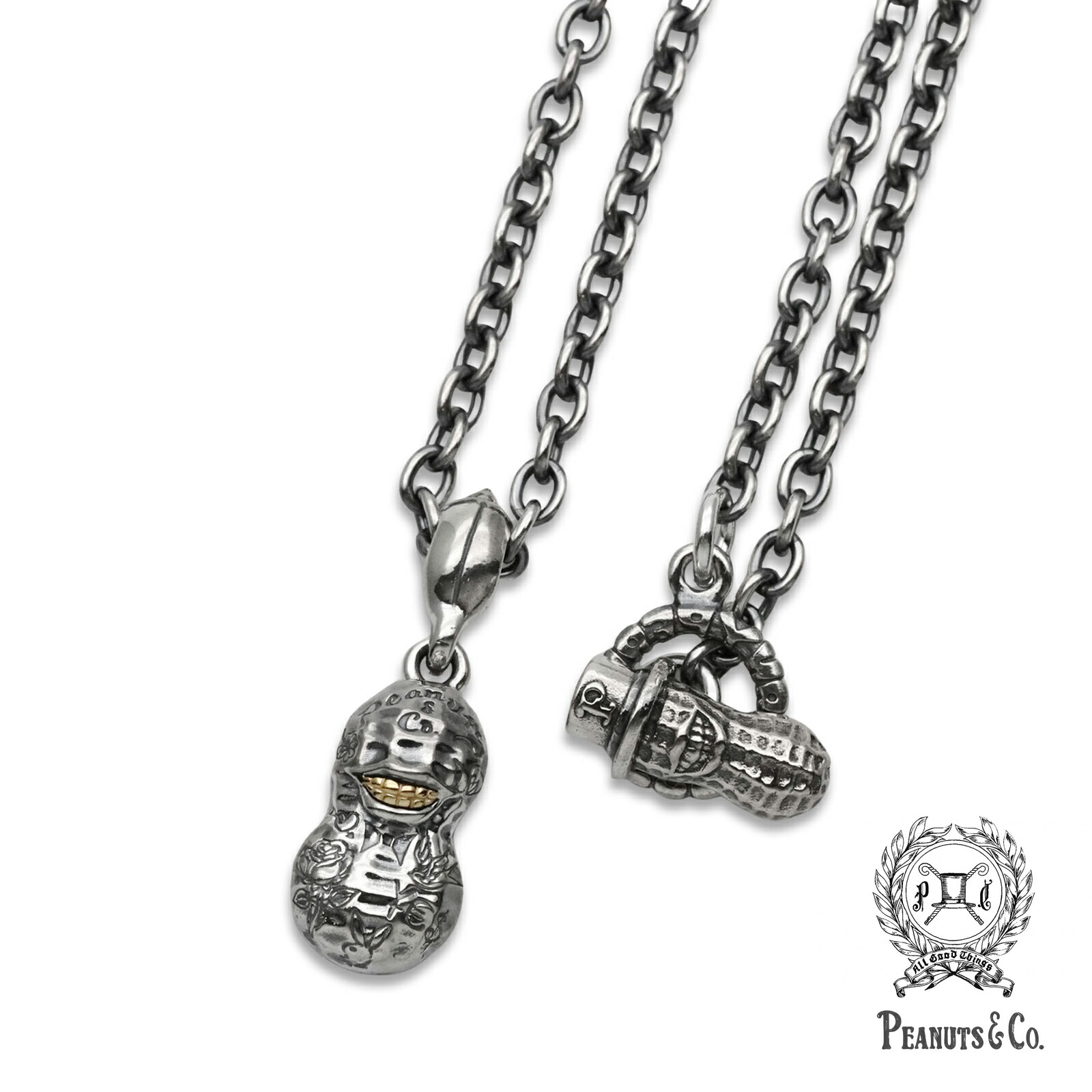 PEANUTS\u0026CO. 南京豆貴社 【 NORMAL TATTOO PEANUTS S Size Silver × K10 Yellow Gold + Peanuts Silver Chain タトゥー 南京豆 ( しろがね色 × 黄色ゴールド ) しろがね色チェーン店 】[ 置き目品 ] シャンデリヤ メンズ レディース 一般受け 【 貨物輸送無料 】