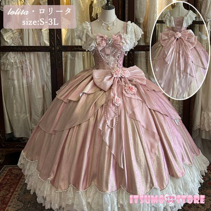 ロリータワンピース ゴシック風 Aライン ワンピース レディース パーティー 結婚式 発表会 文化祭 S-3L ピンク ふんわりフリル×大きなリボンが可愛い♪ロリータドレス|イツモストア -itsumostore-