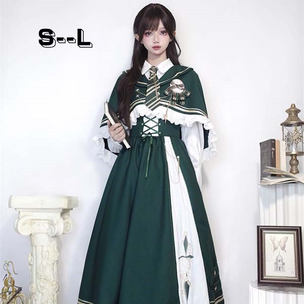 ロリータ ドレス 衣装 ワンピース Lolita セットアップ 編み上げ 可愛い シャツ スカート ヨーロッパ 長袖 ロング丈 Aライン レディース コスチューム 仮装 cos ハロウィン 学園祭 文化祭 リボン かわいい パーティ イベント ファッション d9099z7z7zb