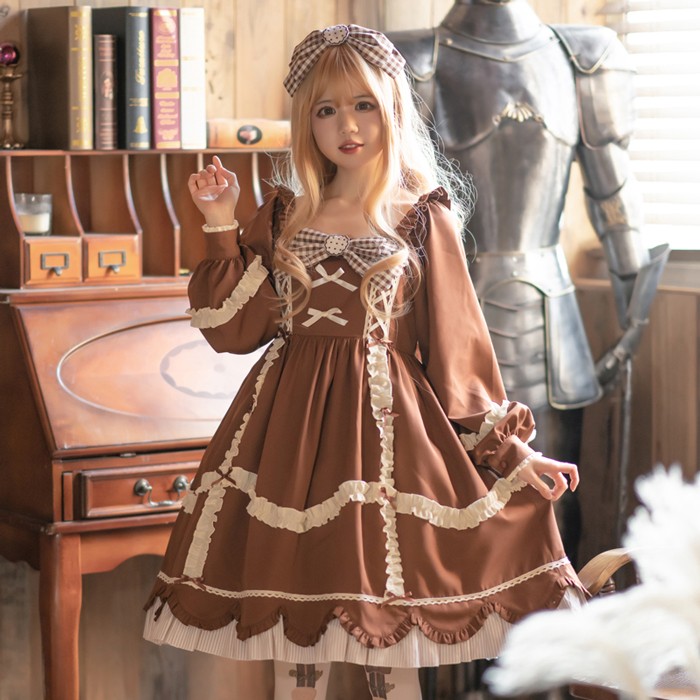 ロリータ ドレス 衣装 ワンピース コスプレ衣装 中世紀 宮殿風 貴族風 リボン フリル 森ガール 茶色 ジャンパースカート ブラウス 長袖 レトロ レディース 女の子 少女 ゆめかわいい 萌え リボン 女装 パーティー ファッション aa144zb|イツモストア -itsumostore-