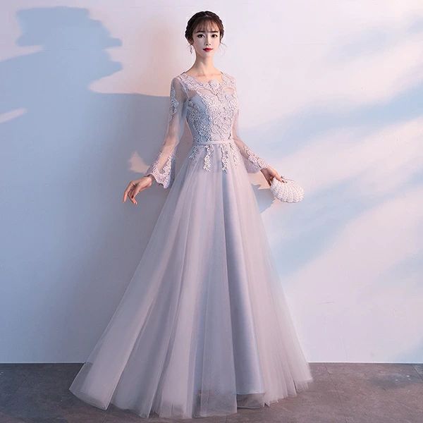 袖付き ロングドレス 演奏会 他と被らない グレー 演奏会用ドレス 袖あり 大きいサイズ 上品 結婚式用ドレス フォーマル ドレス da837y6y6m7