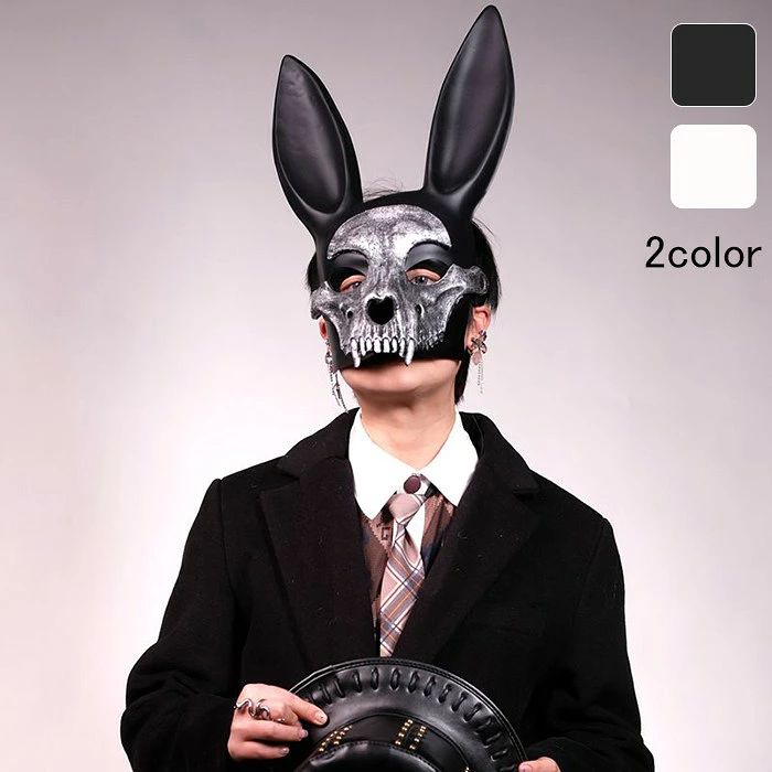 スカル 仮面 うさ耳 ブラック ホワイト 黒 白 フルフェイス コスプレ ホロウ ハロウィン 仮装 アニメ ゲーム ゴシック メイド ダーク ファンタジー イベント 恐怖 cute 可愛い コスプレグッズ mj009d7d7lc