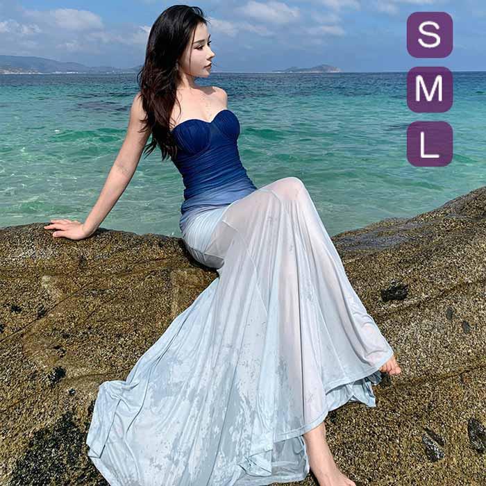 人魚姫 ドレス ロング丈 グラデーション ブルー ワンピース パーティードレス 仮装 袖なし S M L 大人 20代 30代 40代 可愛い お洒落 小柄 ふんわり フェミニン 薄手 リゾートファッション S-L dn075m3m3x0