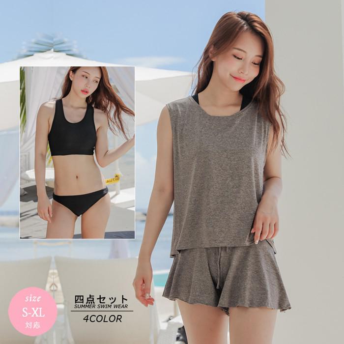 体型カバー水着 レディース 体型カバー タンクトップ セパレート タンキニ風 ショートパンツ バックシャン 大きいサイズ 20/30/40/50代 ミセス シンプル 小胸 盛れる お腹/太もも/お尻 露出控え ぽっちゃり ママ水着 df128zbzbx0