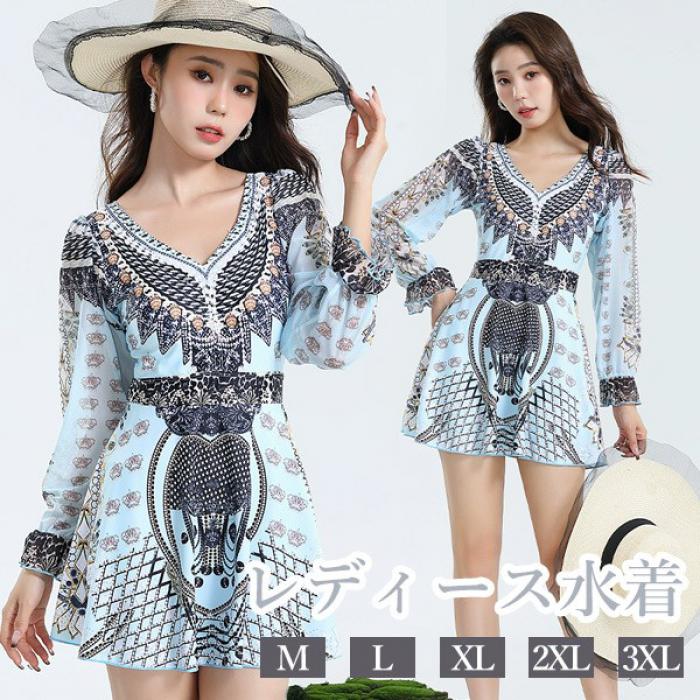 ワンピース水着 Vネック エスニック 服みたいな 水着 長袖 透け感あり パッド付 レディース 着痩せ レトロ風 セクシー 写真映え 撮影用 海 夏 サマー プール リゾート かわいい 旅行 温泉 大人 女性用 母の日 大きいサイズ ネイビー M L XL 2XL 3XL mg828m4m4x0