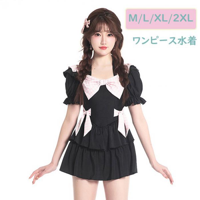 ワンピース水着 ロリータ レディース 黒 リボン パンツ付き パッド付き 一体型パンツ ワイヤーなし 学生 女の子 かわいい 着痩せ ブラック df038m5m5x0