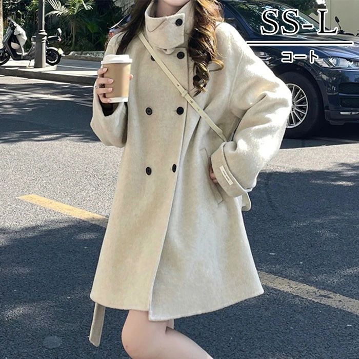 コート サイドカラー レディース ショート丈 小さいサイズ 小柄 ゆったり 秋 冬 冬服 定番 暖かい あったか ロング チェスター コート カジュアル シンプル アウター 韓国 大人 黒 ブラック サイド オープン スタンド カラー de019n1n1x0