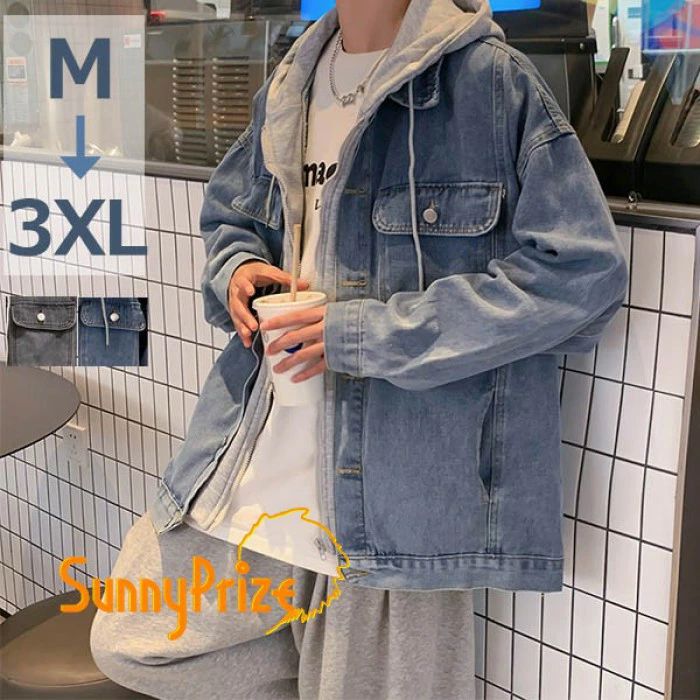 デニムシャツ デニムパーカー レイヤード 重ね着風 フード 折り襟 前ファスナー 春 新品 メンズ 男女兼用 ユニセックス 定番 ポケット付き ボタンダウン型 欧米風 ウエスタン モード系 ストリート系 長袖 カジュアル レギュラー 水色 ブルー dk053x1x1lc