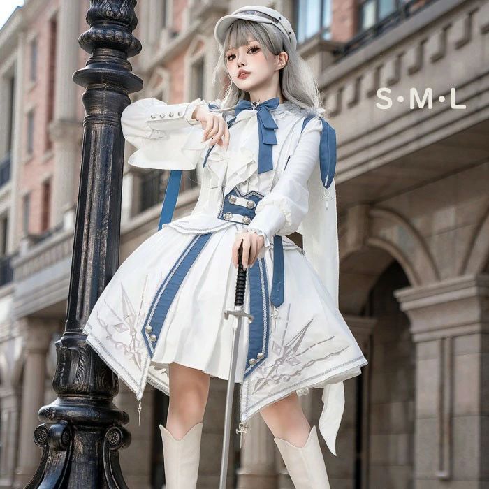 ロリータ セット 可愛い 萌え萌え トップス スカート 軍服風 騎士風 リボン Lolita 膝上丈 レディース コスチューム 仮装 演出 ステージ 学園祭 文化祭 ホワイト S M L nc001j5j5m3