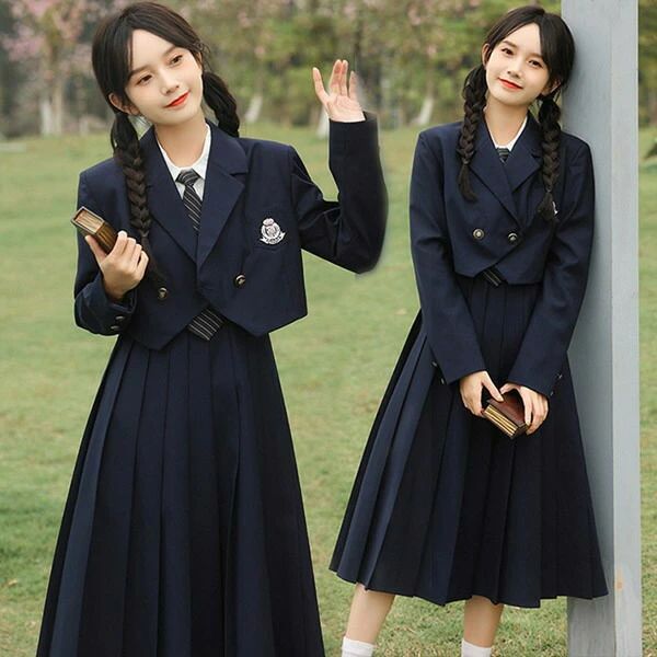 卒業式 入学式 卒服 3点セット女の子 ショート丈 ブレザー ロングプリーツスカート セットアップ レディース 春物 発表会 清楚 上品 ネイビー 紺色 大きいサイズ スクールファッション 制服風 お受験 面接 文化祭 コスプレ 衣装 通学 JK制服 韓国風 S M L XL 2XL dx042s1s1l9