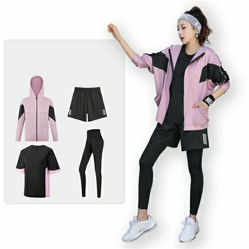 ランニングウェア レディース 4点セット 春夏 セット ウェア おしゃれ 可愛い かわいい トレーニングウェア ジムウェア ジム ヨガウェア スポーツウエア 女性 秋冬 トップス 夏 半袖Tシャツ 長袖アウター レギンス ショートパンツ 吸汗速乾 ヨガウェア セット 黒 紫 ピンク