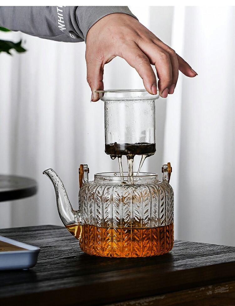 麦の穂 ムギノホ やかん 耐熱ガラス ティーポット ダブル茶こし付き 大容量 1000ml 天然素材持ち手 湯沸かし 透明 ガラスティーポット ガラス製ポット ガラス急須 ジャンピング 紅茶ポット フルーツティー 花茶 工芸茶 蒸茶 煮茶 に ガラス急須 直火可 送料無料 IwaiLoft