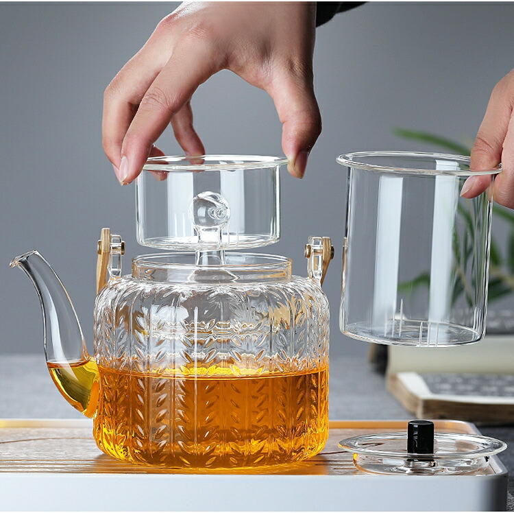 麦の穂 ムギノホ やかん 耐熱ガラス ティーポット ダブル茶こし付き 大容量 1000ml 天然素材持ち手 湯沸かし 透明 ガラスティーポット ガラス製ポット ガラス急須 ジャンピング 紅茶ポット フルーツティー 花茶 工芸茶 蒸茶 煮茶 に ガラス急須 直火可 送料無料 IwaiLoft