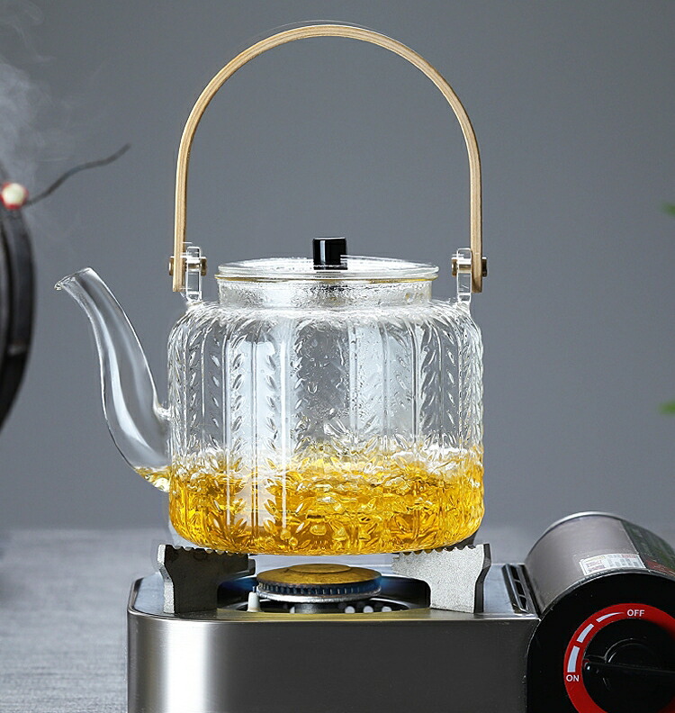 麦の穂 ムギノホ やかん 耐熱ガラス ティーポット ダブル茶こし付き 大容量 1000ml 天然素材持ち手 湯沸かし 透明 ガラスティーポット ガラス製ポット ガラス急須 ジャンピング 紅茶ポット フルーツティー 花茶 工芸茶 蒸茶 煮茶 に ガラス急須 直火可 送料無料 IwaiLoft