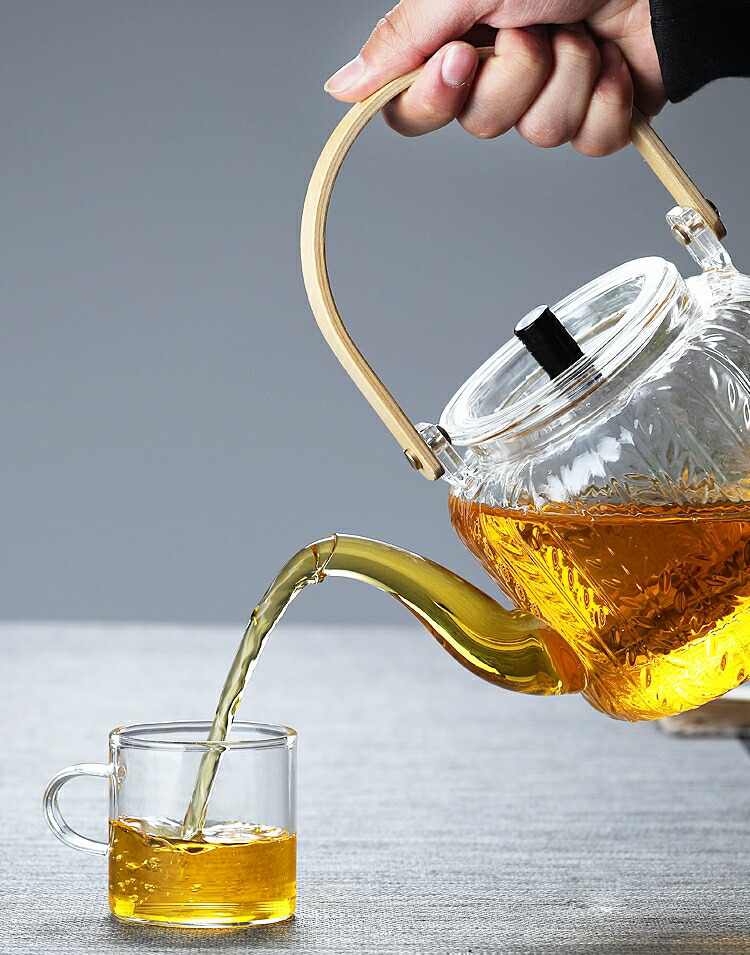 麦の穂 ムギノホ やかん 耐熱ガラス ティーポット ダブル茶こし付き 大容量 1000ml 天然素材持ち手 湯沸かし 透明 ガラスティーポット ガラス製ポット ガラス急須 ジャンピング 紅茶ポット フルーツティー 花茶 工芸茶 蒸茶 煮茶 に ガラス急須 直火可 送料無料 IwaiLoft