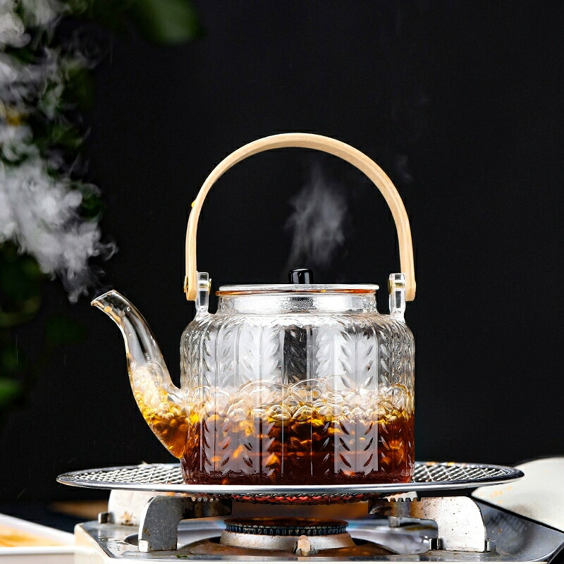 麦の穂 ムギノホ やかん 耐熱ガラス ティーポット ダブル茶こし付き 大容量 1000ml 天然素材持ち手 湯沸かし 透明 ガラスティーポット ガラス製ポット ガラス急須 ジャンピング 紅茶ポット フルーツティー 花茶 工芸茶 蒸茶 煮茶 に ガラス急須 直火可 送料無料 IwaiLoft