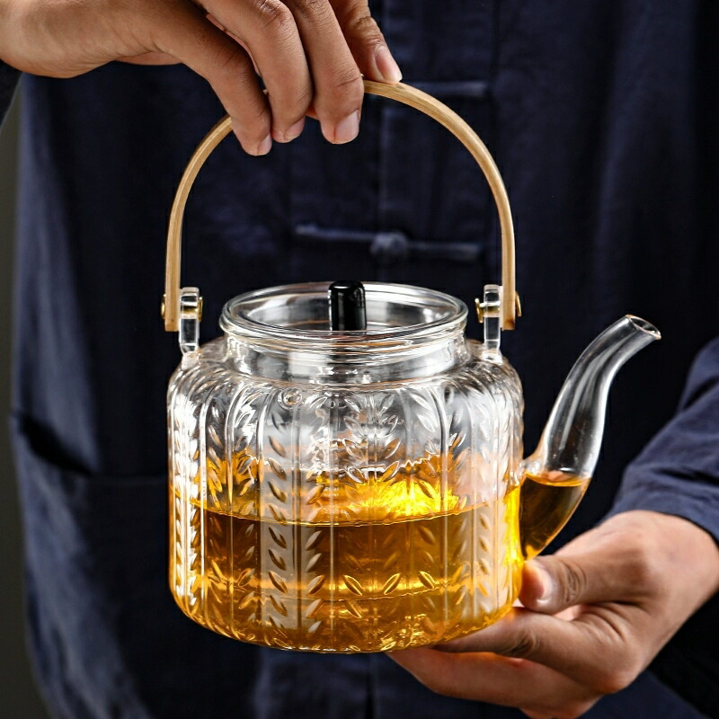 麦の穂 ムギノホ やかん 耐熱ガラス ティーポット ダブル茶こし付き 大容量 1000ml 天然素材持ち手 湯沸かし 透明 ガラスティーポット ガラス製ポット ガラス急須 ジャンピング 紅茶ポット フルーツティー 花茶 工芸茶 蒸茶 煮茶 に ガラス急須 直火可 送料無料 IwaiLoft