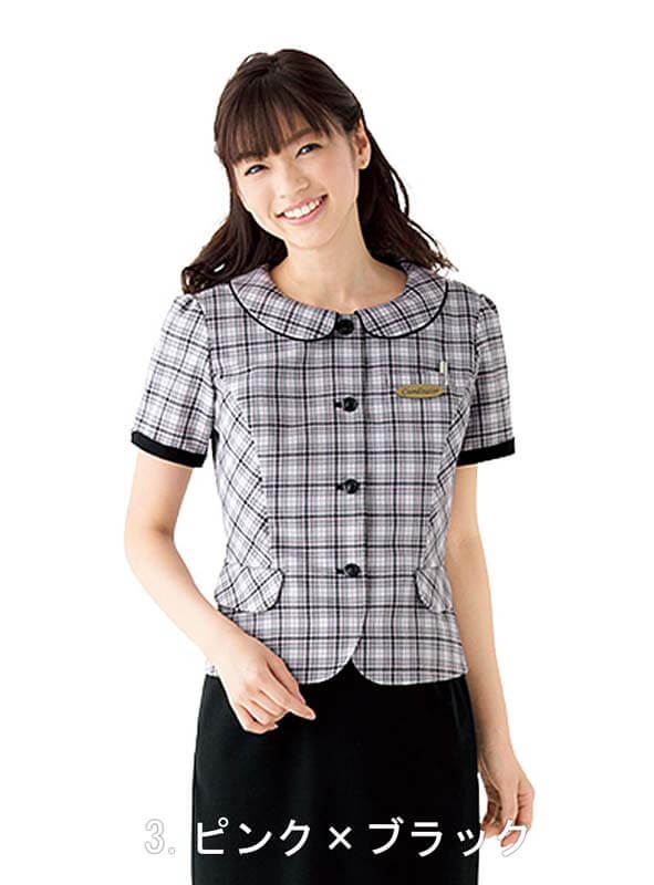 【10％OFFクーポン対象★4/14 20時～4H限定】オーバーブラウス 半袖 丸襟 チェック ピンク ブラック 黒 5-23号 制服 オフィス 事務 事務服 企業制服 レディース オフィスユニフォーム ビジネス 仕事用 nuovo ヌー