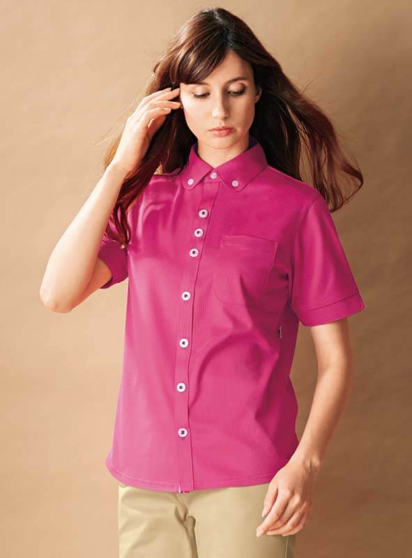 【5％OFFクーポン対象★4/15限定】半袖ニットシャツ 男女兼用 カーシーカシマ HM-2649 吸汗 速乾 ストレッチ ポケット付き 透けにくい ピンク
