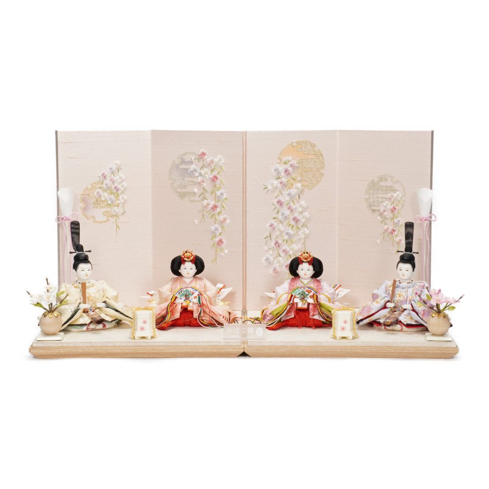 【雛人形】三寸 おぼこ雛 京刺繍(唐花)&times;京刺繍(雪輪に桜) 双子飾り | 小出松寿作｜人形の岩崎店