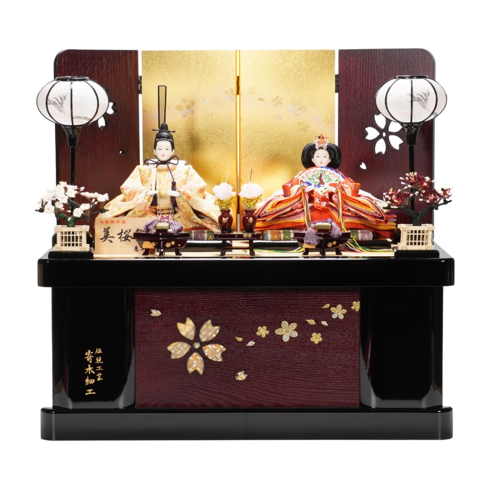【雛人形】京十一番 金襴 花柄(ベージュ・赤) 親王揃い収納飾り | 恵翠作