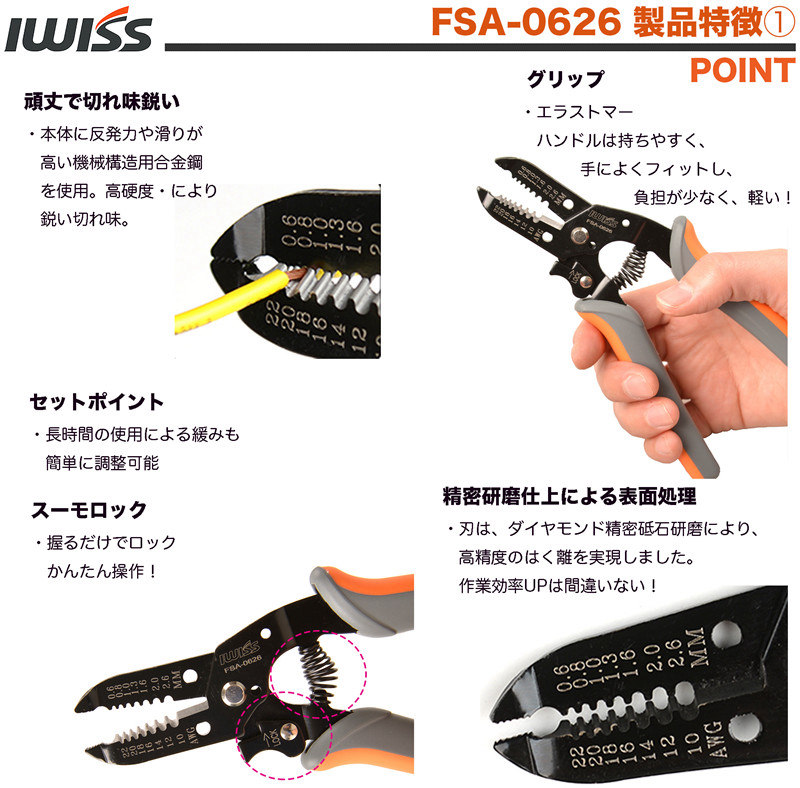 楽天市場 送料無料 ワイヤーストリッパー ケーブルストリッパー ストリッパー 太陽光 ソーラーケーブルストリッパー F0 6 2 6mm 20 10amg 単線 より線 兼用 切断工具 Iwiss アイウィス Fsa 0626 Iwiss Tools 楽天市場店