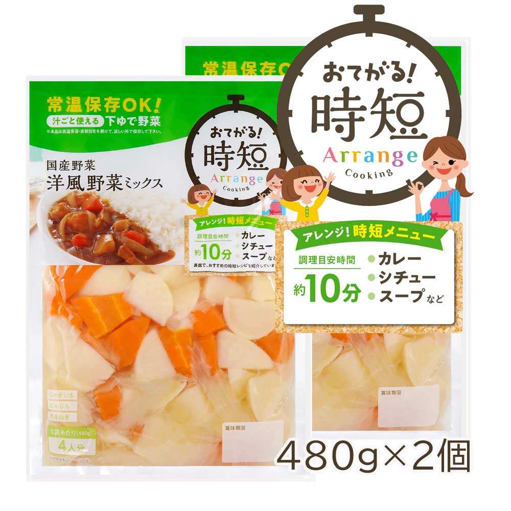 国産野菜 洋風野菜 ミックス 480g 2袋 4人分 下ゆで野菜 水煮 カット野菜 じゃがいも にんじん たまねぎ カレー 最安値挑戦 時短 シチュー 1000円ポッキリ ポトフ ローリングストック スープ 常温保存 送料無料 バーベキュー キャンプ