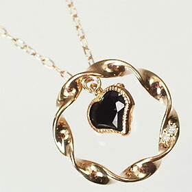 ピンクゴールド ネックレス K10PG・ダイヤ0.01ct・オニキス サークル&ハートペンダント（ネックレス）