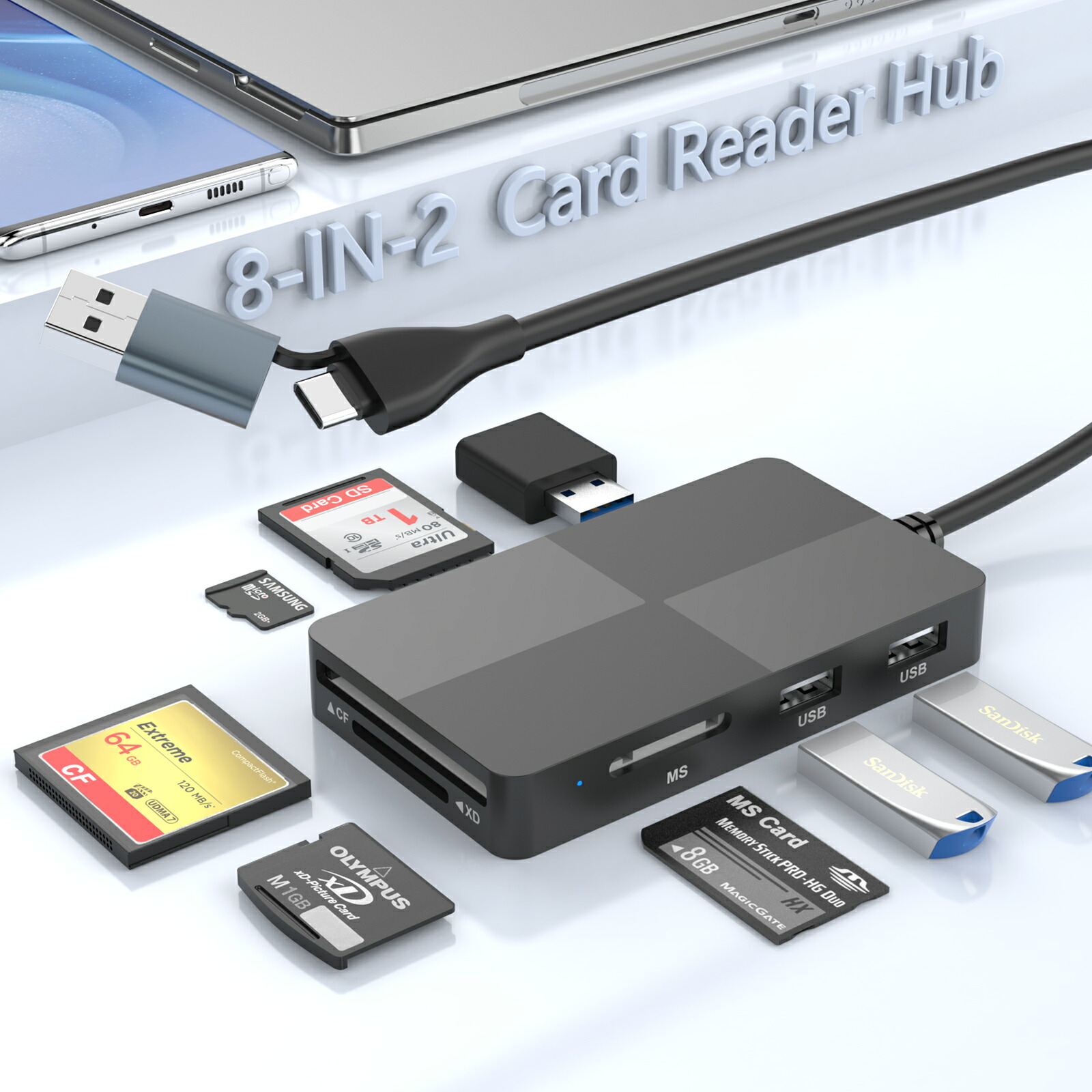 【8-in-2マルチカードリーダーハブ】 USB Type-C USB 3.0 【SD/TF/CF/XD/Micro SD/MSカードアダプター】USB3.0ポート×3、XDピクチャーカードリーダー 5Gps 8ポート同時読み書きメモリーカードリーダー 40cmケーブル